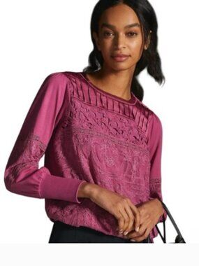 Anthropologie LP L Petite TINY NEW Rose Embroidered Lace Top Blouse Long Sleeves